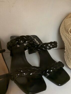 Soda Black Braided Double-Strap Square-Toe Heels